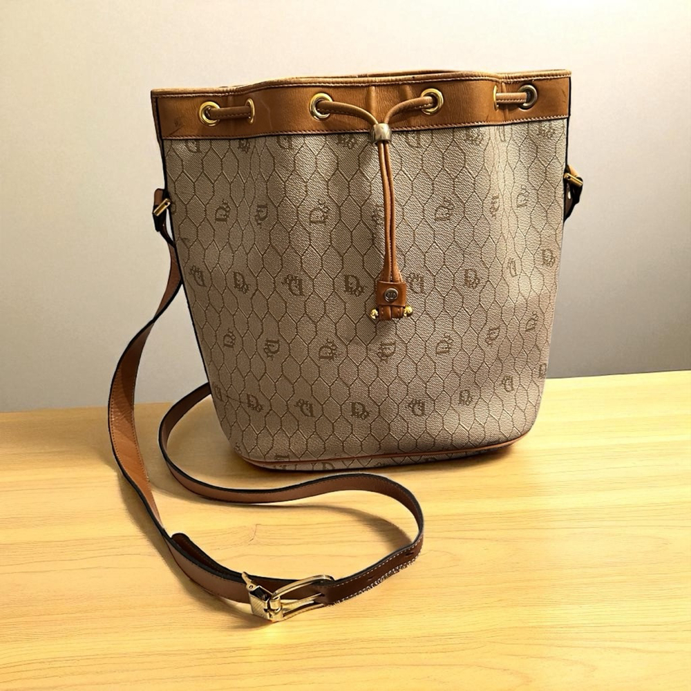 Christian Dior Beige Brown Monogram Honeycomb Bucket Crossbody Bag